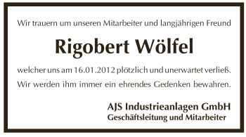 Traueranzeige von Rigobert Wölfel von Pegnitz-Zeitung